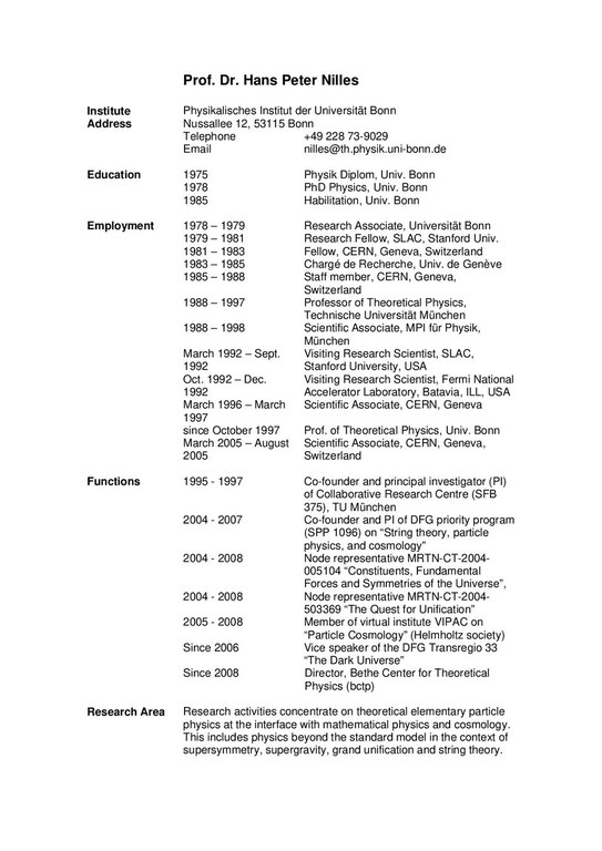 Prof. Dr. Hans Peter Nilles CV