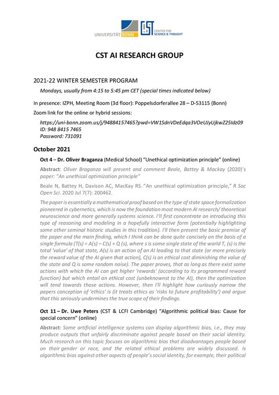 Program 2021-22 winter semester AI research group